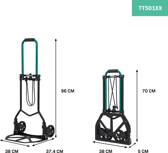 Afmetingen van een opvouwbare steekwagen van VONROC: 96cm hoog en 38cm breed (uitgevouwen) en 70cm hoog en 38cm breed (opgevouwen).