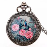 Ketting horloge  -vogel- roze bloemen- 46.8 mm-Charme Bijoux