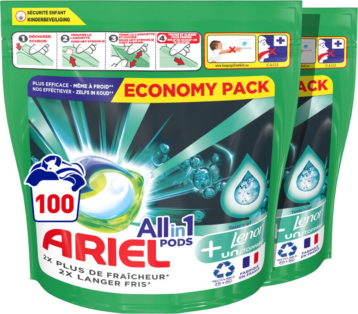 Ariel All in 1 Wasmiddel Pods + Touch of Lenor Unstoppables - 2x50 Wasbeurten - Voordeelverpakking - Ariel
