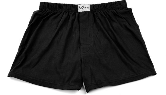 Zwarte katoenen boxershort met elastische tailleband en knoopsluiting.