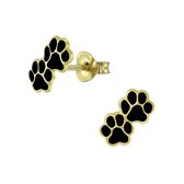 Joy|S - Zilveren kat hond dierenpoot oorbellen - 9 x 5 mm - zwart - 14k goudplating
