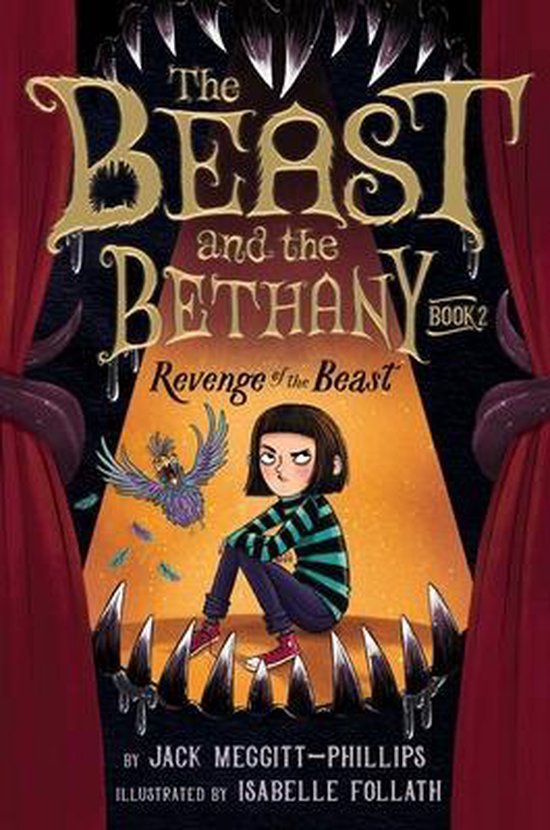 Boekomslag van "The Beast and the Bethany: Revenge of the Beast" met een meisje dat op een podium zit, omringd door monsterlijke tanden en tentakels.