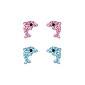 Joy|S - Zilveren dolfijn oorbellen - set 2 paar - roze blauw