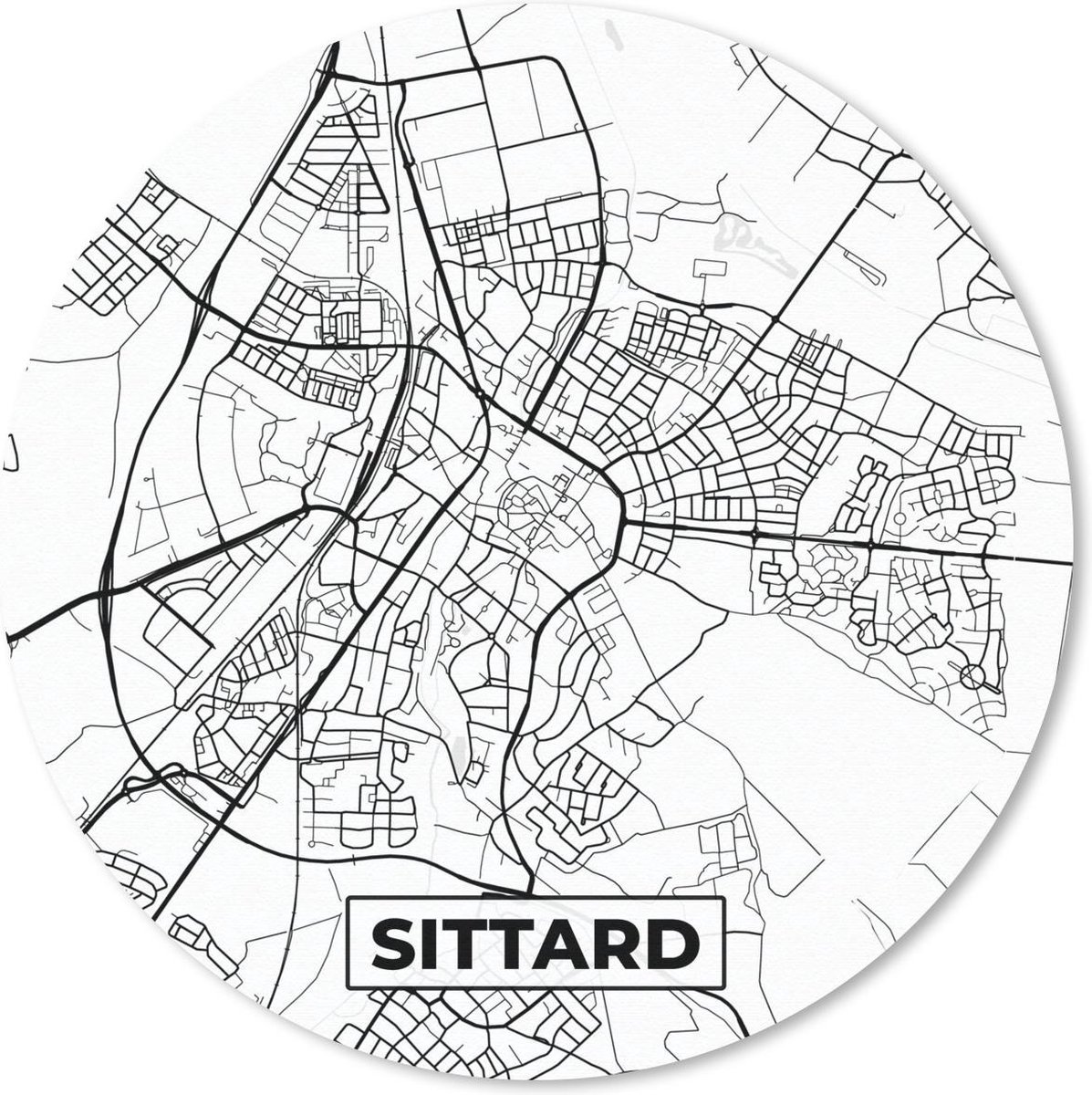 Muismat rond 50x50 cm - Mousepad Kaart - Sittard - Zwart - Wit - Ronde muismatten