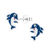 Joy|S - Zilveren dolfijn oorbellen - 8 x 10 mm - donker blauw