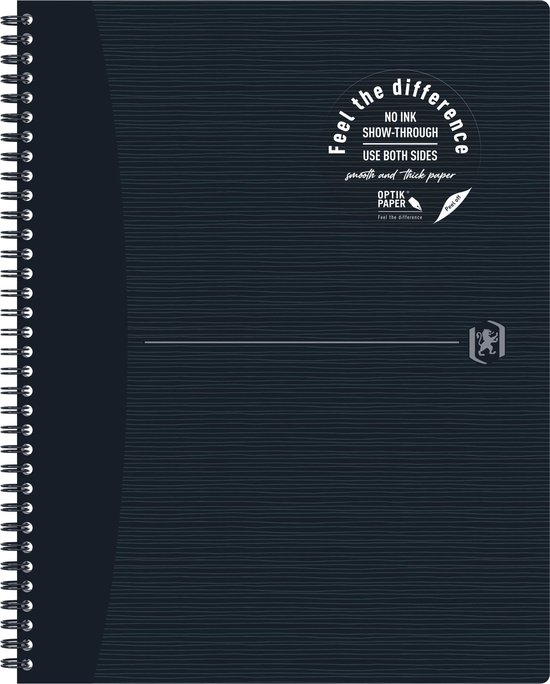 Carnet noir A4+ à spirale, ligné horizontalement, logo gris et bannière texte.
