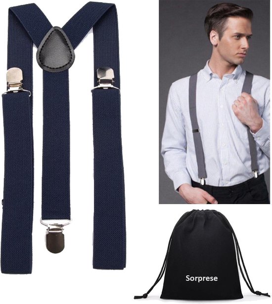 Donkerblauwe bretels met zilverkleurige clips en een leren kruispunt. Kleinere afbeelding toont een man met grijze bretels.