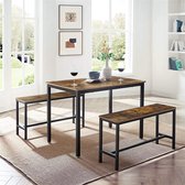 c90 -  Eettafel, keukentafel set, 110 x 70 x 75 cm, met 2 banken elk 97 x 30 x 50 cm, metalen frame, voor keuken, woonkamer, eetkamer, industrieel ontwerp, vintage bruin-zwart KDT0