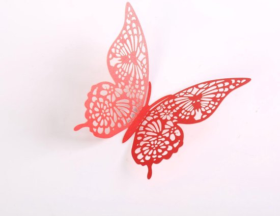 Cake topper decoratie vlinders of muur decoratie met plakkers 12 stuks rood - 3D vlinders - VL-02