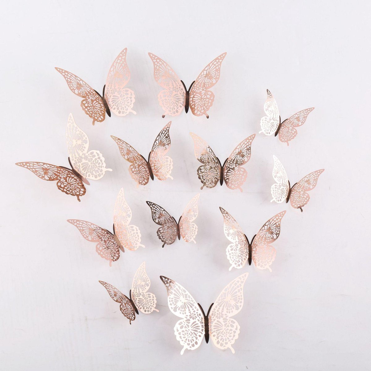 Cake topper decoratie vlinders of muur decoratie met plakkers 12 stuks rosé - 3D vlinders - VL-02