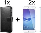 Huawei Y6 2017 hoesje bookcase met pasjeshouder zwart wallet portemonnee book case cover - 2x Huawei Y6 2017 screenprotector