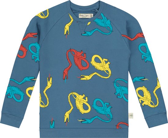 Smitten Organic 'Dragons in Camping' All Over Print Pullover Long Sleeve in Vivid Denim kleur