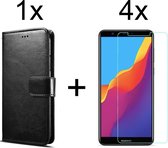 Huawei Y7 2018 hoesje bookcase met pasjeshouder zwart wallet portemonnee book case cover - 4x Huawei Y7 2018 screenprotector