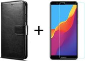 Huawei Y7 2018 hoesje bookcase met pasjeshouder zwart wallet portemonnee book case cover - 1x Huawei Y7 2018 screenprotector