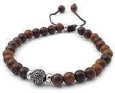 Herenarmband met donkere houten kraaltjes en rvs kraaltjes, met schuifknoop - 20 cm