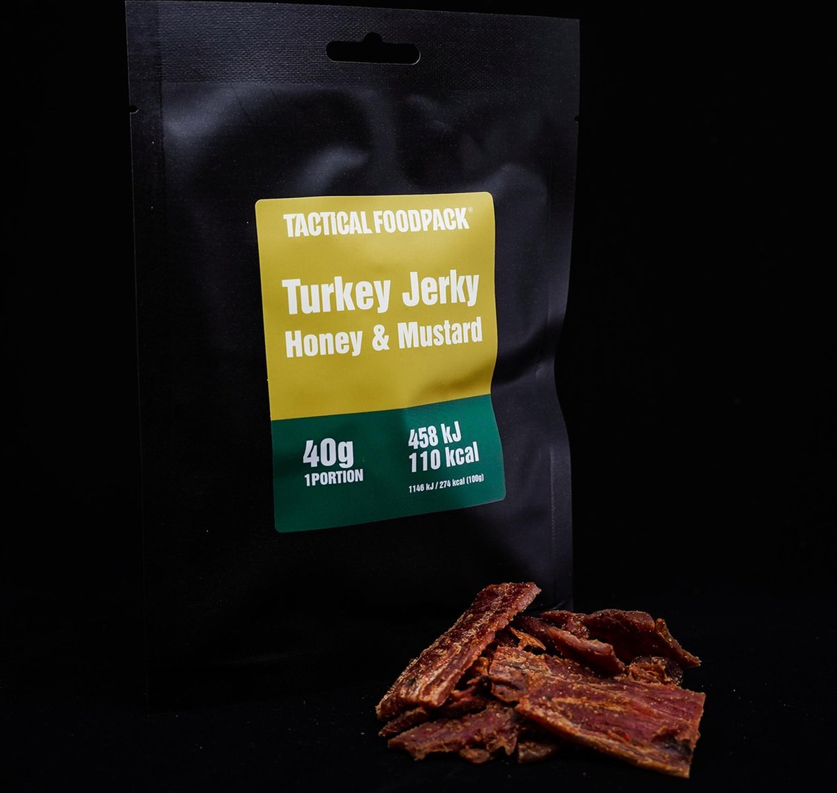 Tactical Foodpack Turkey Jerky Honey & mustard - 40g - kalkoenvlees - honing en mosterd - outdoor snack - buiten eten - houdbaar - prepper - 3 jaar houdbaar