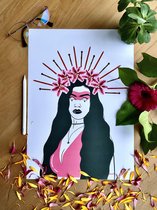Blackwork By Julia - Print - A4 Poster van prinses met roze bloemen