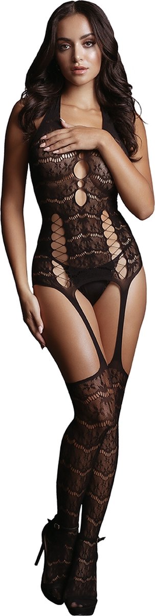 Lace Suspender Bodystocking - Black - O/S