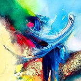JJ-Art (Canvas) | Golven, zee in abstracte geschilderde stijl - woonkamer | Kleurrijk, vierkant, geel, rood, blauw, groen, modern | Foto-Schilderij print op Canvas (canvas wanddecoratie) | KI