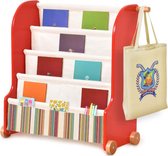 Infanton Massief Houten Kinderboekenrek Auto met Wielen 4-laags 78CM - Rood - Schuin Boekenrek  - Boekenkast voor kinderen - Boekentas - Boekenplank - Kinderkamerkast - Opbergrek -