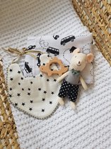 baby gift set - kraam cadeau - muis - knuffel - slabbetje - zwangerschap - houten bijtring - houten speelgoed - hydrofiele doek - brievenbuscadeautje