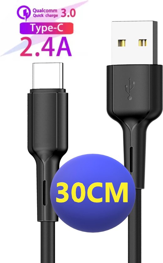 beven Gedeeltelijk Gelijk USB Data en Oplaadkabel – USB-C - Korte Kabel - 2.4A Snellaadfunctie - USB  Charging... | bol.com