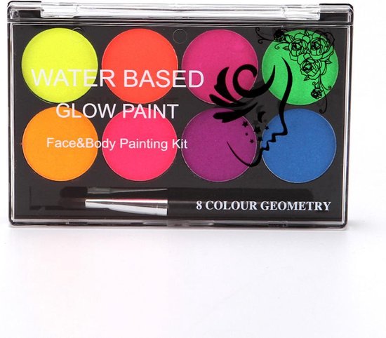 DW4Trading Glow in The Dark Face & Body Paint Set - Waterbasis - 8 Kleuren - 1 Kwast - DW4Trading