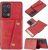 Voor OPPO Reno6 Pro + 5G dubbele gesp PU + TPU schokbestendige magnetische beschermhoes met kaartsleuf en houder (rood)