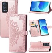 Voor OPPO Reno6 Pro + 5G Mandala Bloem Reliëf Horizontale Flip Lederen Case met Houder & Drie Kaartsleuven & Portemonnee & Lanyard (Rose Goud)