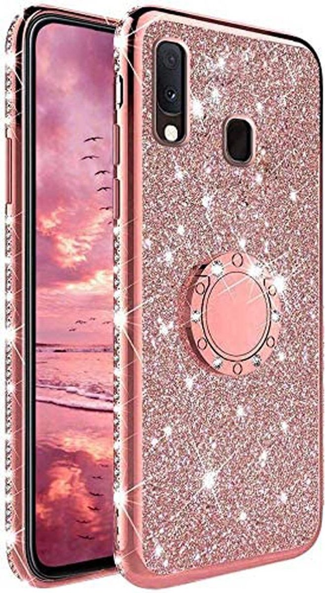 Geschikt voor Samsung Galaxy A20s Magnetische Back cover - Roze - Glitter - Soft TPU