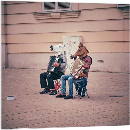 Acrylglas - Paarden Spelend op Accordeon  - 100x100cm Foto op Acrylglas (Met Ophangsysteem)