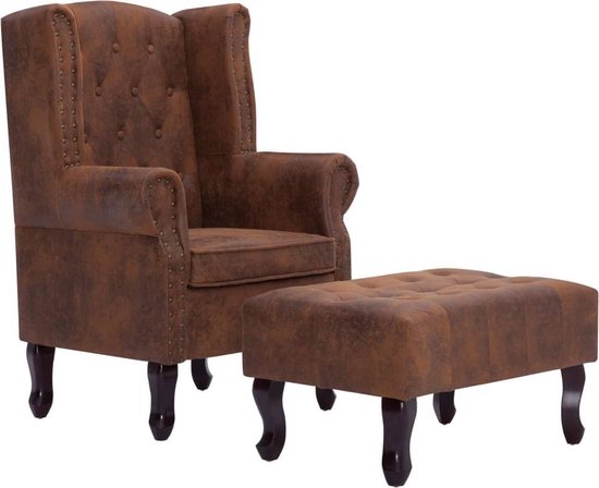 Verdampen Kapper Getuigen Chesterfield fauteuil en voetenbank imitatie suède bruin | bol.com