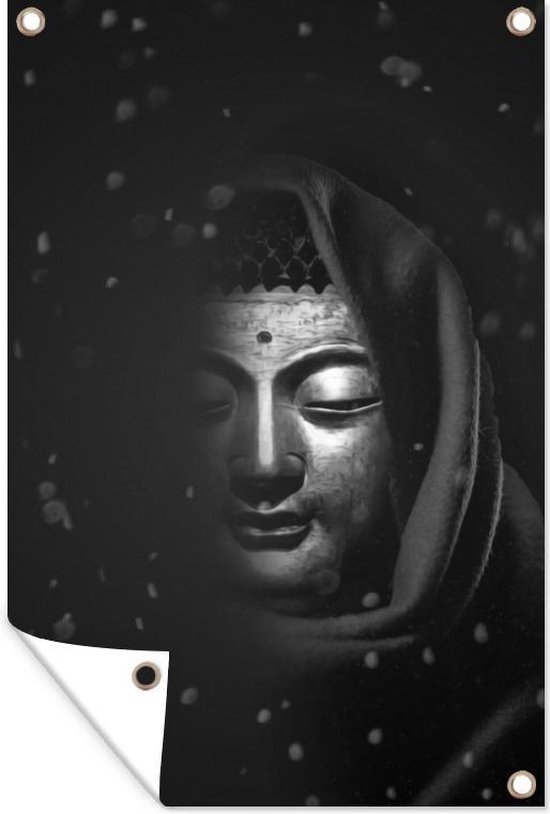 Tuinposter - Tuindoek - Tuinposters buiten - Half verlichte Boeddha met hoofddoek - zwart wit - 80x120 cm - Tuin