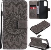 Voor OnePlus 9 Pro Sun Embossing Pattern Horizontal Flip Leather Case met Card Slot & Holder & Wallet & Lanyard (Grijs)