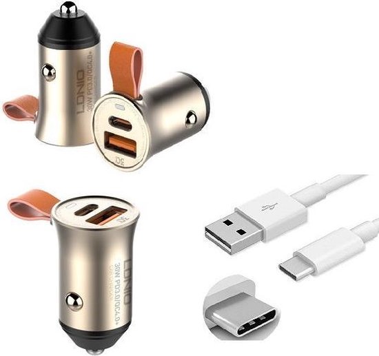 LDNIO C302 PD+QC3.0 Autolader + USB C kabel Geschikt voor: Samsung Galaxy S9 S10 S20 S21 S22 S23 Ultra / Plus / FE / Lite / Note 10 20 / A13 / A53 / A42 / A32 / A55 / A54 / A34 / A15 / Oneplus / Nokia / Motorola / Huawei / Oppo / Car Charger