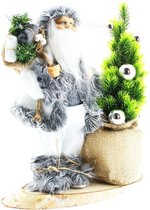 Luxe Afgewerkte Kerst Decoratie Kerstman Staand Naast Kerstboom - Wit-Wit - 30cm