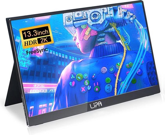 Lipa HDR-50 portable monitor 2K 13.3" - Draagbaar scherm - Draagbare monitor - Beeldscherm - Computerscherm - HDMI - 2x USB C - Met hoes en kickstand - Ook voor game consoles - 2560 x 1440 pixels 2K - Dual Speakers en Freesync - Energiezuinig