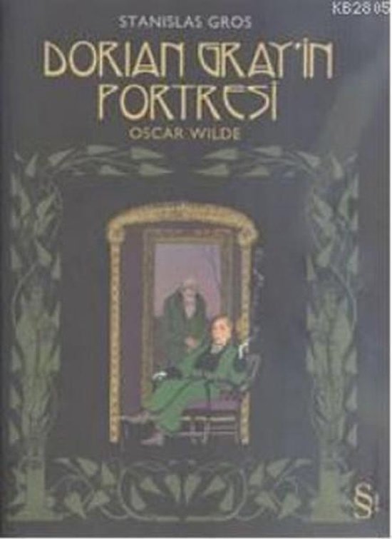 Boek 'Dorian Gray's Portret' van Oscar Wilde, met een illustratie van een man in een groen kostuum in een spiegel.