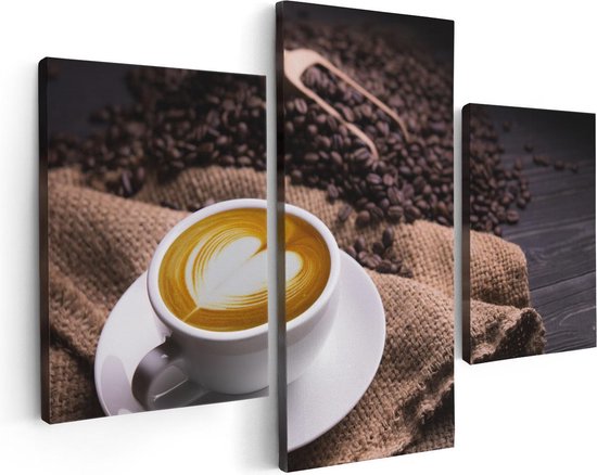 Artaza - Triptyque de peinture sur toile - Tasse de Café dans un coeur avec des grains de Grains de café - 90x60 - Photo sur toile - Impression sur toile