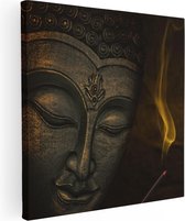 Artaza Canvas Schilderij Boeddha Beeld Met Wierook - 90x90 - Groot - Foto Op Canvas - Canvas Print