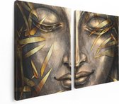 Artaza Canvas Schilderij Tweeluik Boeddha Beeld Met Gouden Bladeren - 120x80 - Foto Op Canvas - Canvas Print