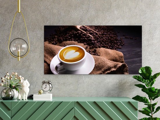Artaza Canvas Schilderij Kopje Koffie In Een Hartje Met Koffiebonen - 60x30 cm - Wanddecoratie Woonkamer - Schilderijen - Muurdecoratie