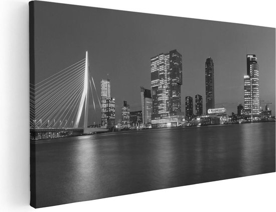 Artaza Canvas Schilderij Rotterdamse Skyline - Zwart Wit - 60x30 cm - Wanddecoratie Woonkamer - Schilderijen - Muurdecoratie