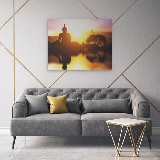 Artaza Canvas Schilderij Silhouet Van Boeddha Beeld Met Zonsondergang - 100x80 - Groot - Foto Op Canvas - Canvas Print