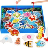 【QZM Prachtige Oceaanwereld】Visspel Magnetisch met 2 hengels en 26 vissen met cirfers - Hengelspel - Fishing Game - Houten Magnetisch Visspel - Fijne motoriek speelgoed - Montessori educatief speelgoed