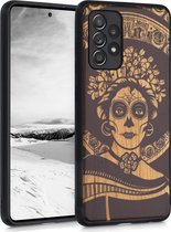 kwmobile telefoonhoesje compatibel met Samsung Galaxy A52 / A52 5G / A52s 5G - Hoesje met bumper in lichtbruin / zwart - kersenhout - Diá de los Muertos design
