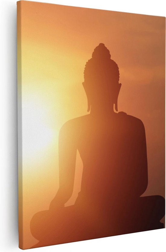 Artaza Canvas Schilderij Silhouet Van Een Boeddha Beeld Met Zonsondergang - 80x100 - Groot - Foto Op Canvas - Canvas Print