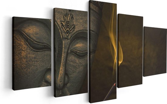 Artaza Canvas Schilderij Vijfluik Boeddha Beeld Met Wierook - 100x50 - Foto Op Canvas - Canvas Print