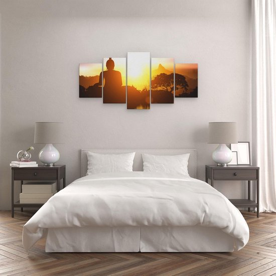 Pentaptyque Artaza - Peinture sur toile - Silhouette de statue de Bouddha avec coucher de soleil - 100x50 - Photo sur toile - Impression sur toile