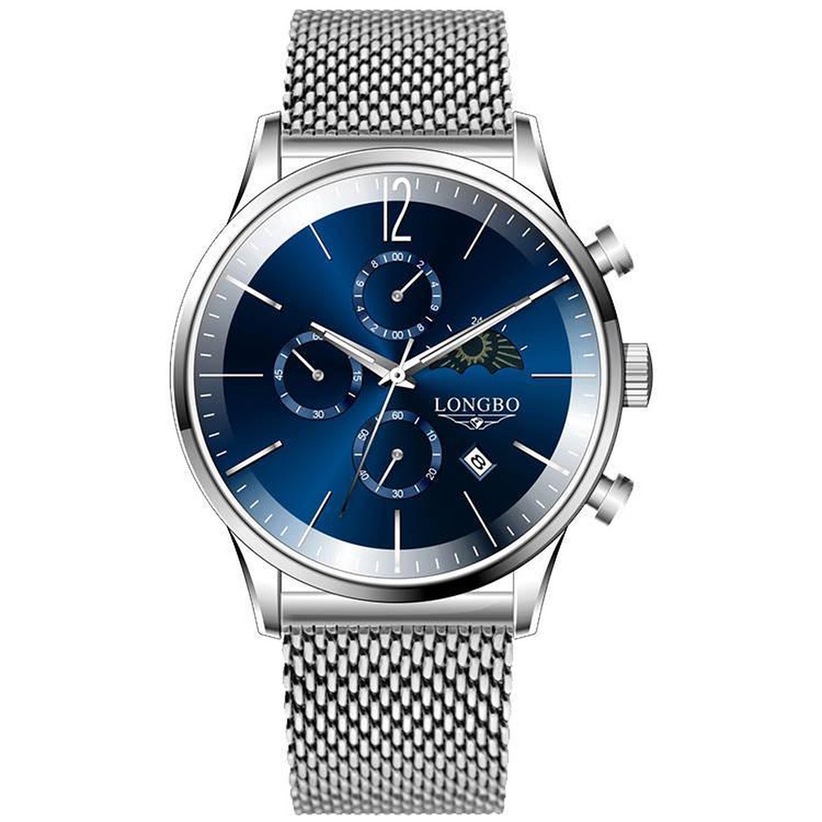 Longbo - Heren Horloge - Zilver/Blauw - 43mm (Productvideo)